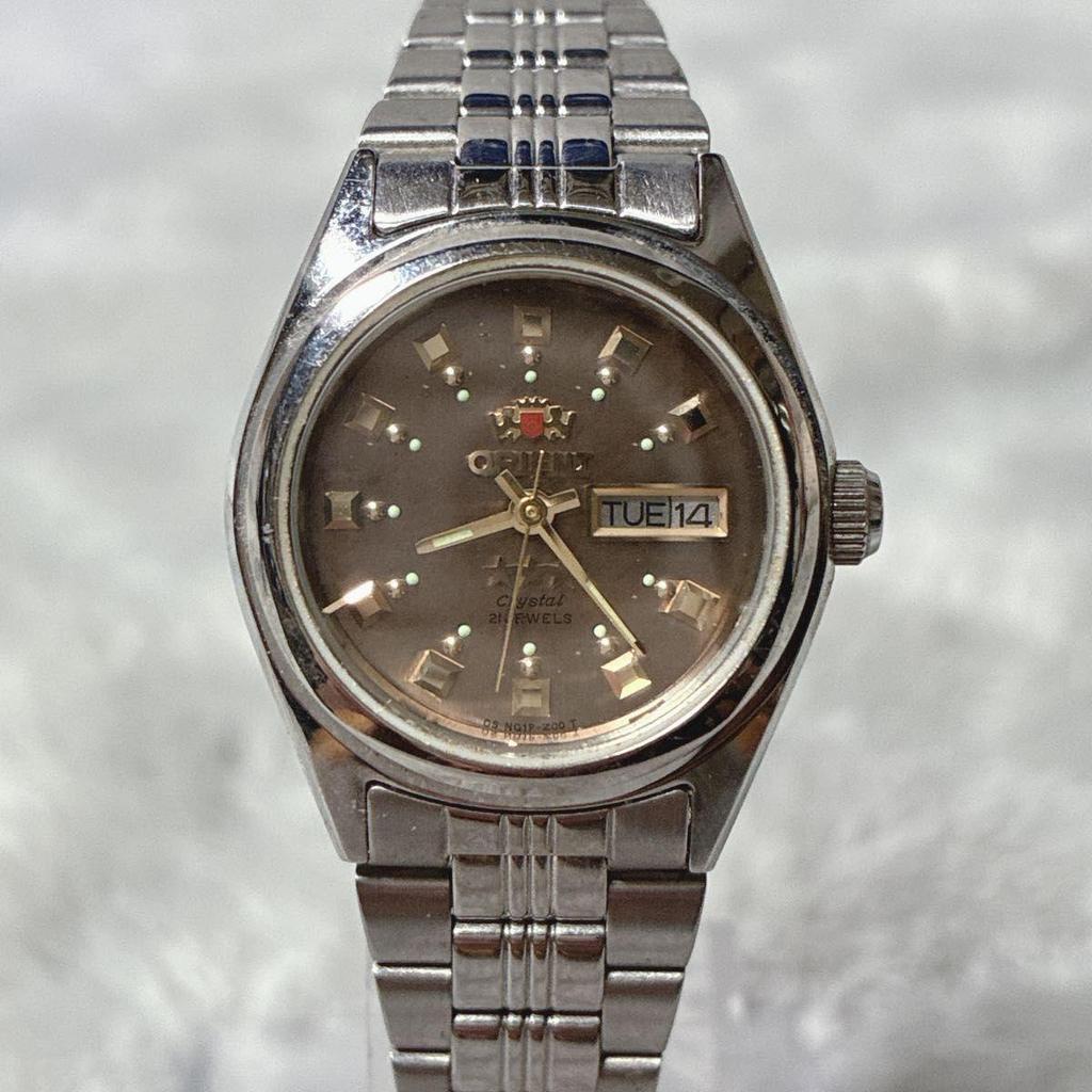 Used ORIENT Orient Three Star Crystal 21 Stone Automatic Winding Brown Dial Day Date Ladies Working Item