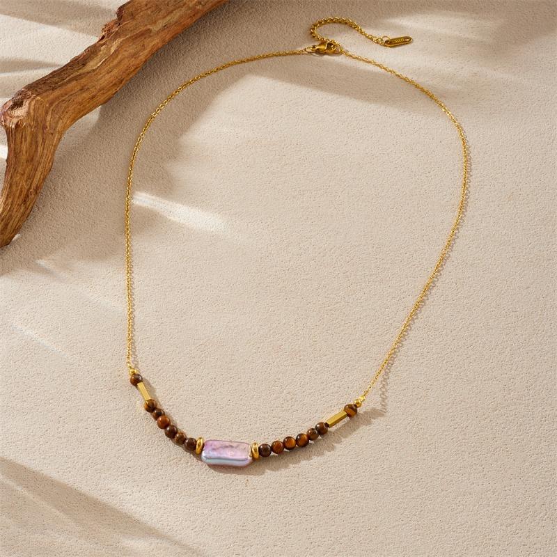 Gold Plated Baroque Pearl Tiger Eye Bead Necklace, Dainty Adjustable Cable Chain for Women, Boho Daily Jewelry