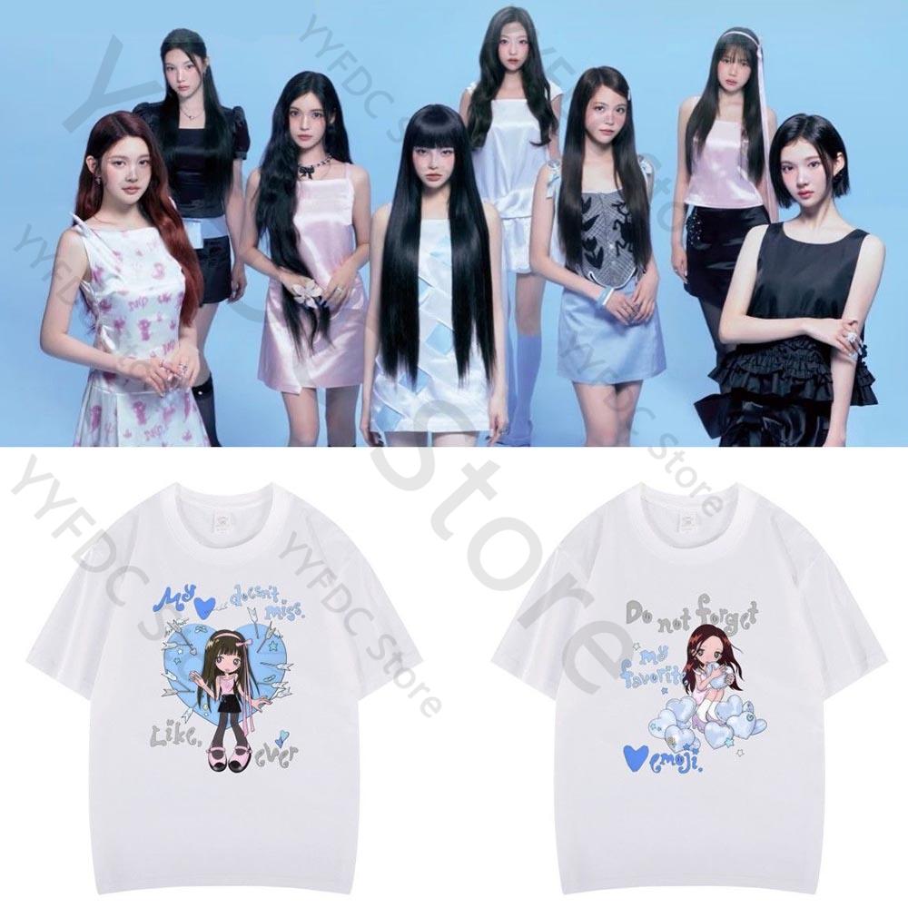 Hearts2Hearts T-Shirt Kpop Mode H2H Cartoon Print T-Shirt Damen Unisex Sommer Hohe Qualität Baumwolle Kurzarm T-Shirts Für Fans
