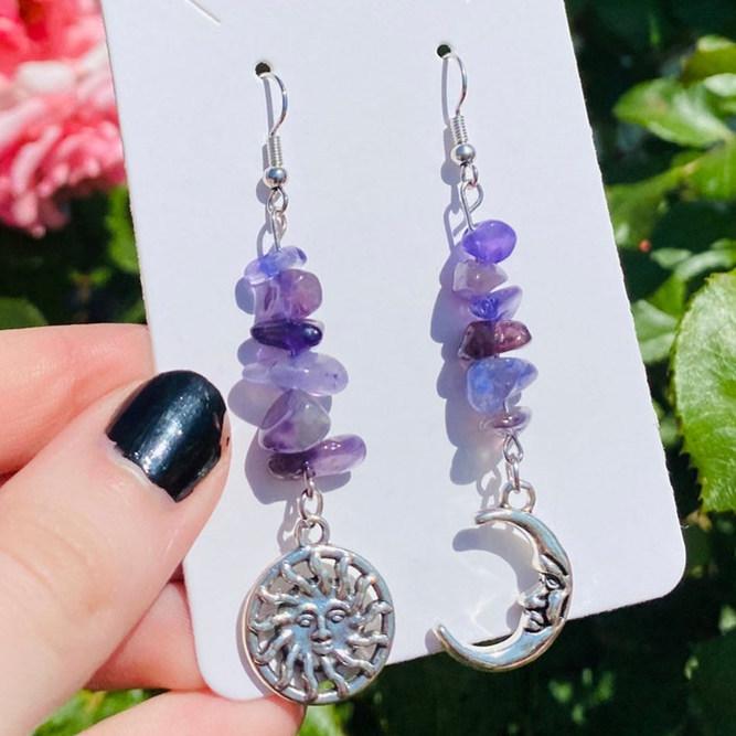 Bohemia Temperament Sliver Color Human Face Sun Moon Irregular Purple Crystal Asymmetrical Dangle Earrings for Women Jewelry