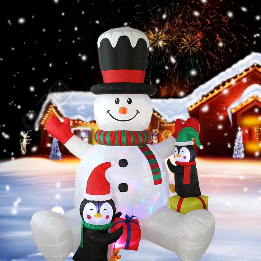 Christmas Inflatable Sitting Snowman 7ft Waterproof Night Lighting Decor With 2 Penguins Built-in Rotating RGB LED Lights