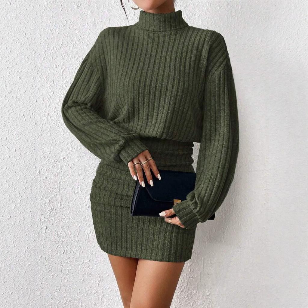 European and American autumn and winter new high-necked hip-wrapped dress long-sleeved pit strip knitting sexy temperament style