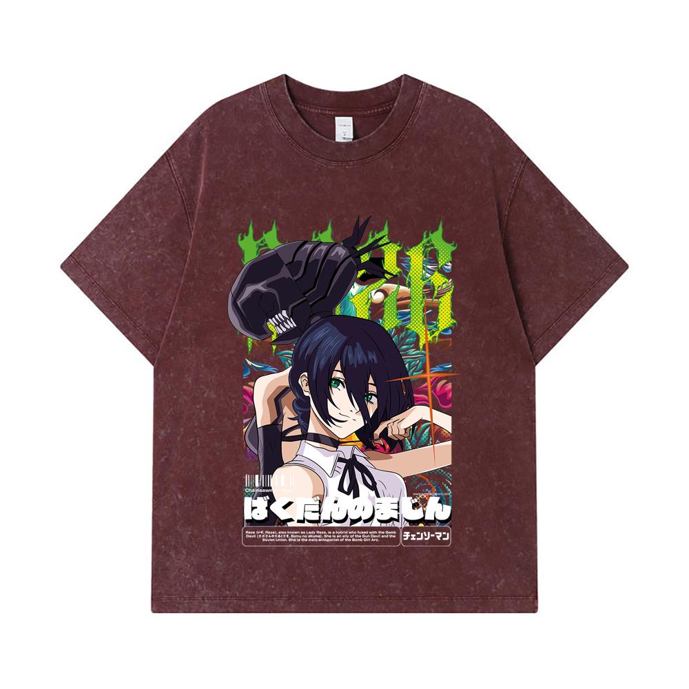 275 GSM Washed T-shirts 100% Cotton Chainsaw Man V54 Reze Print Unisex Heavy Cotton T Shirt