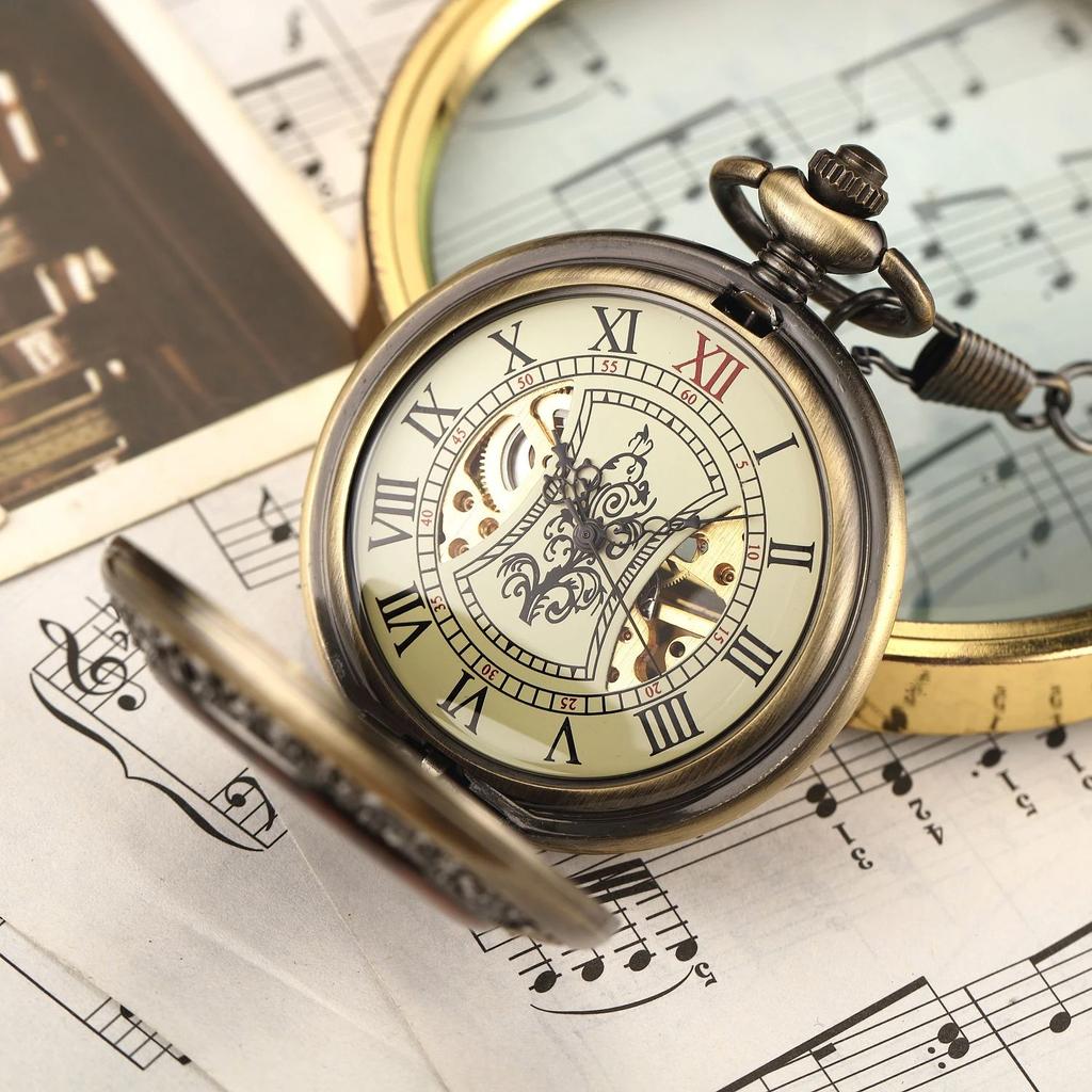 Vintage luxury wooden ring skeleton pocket watch flip Roman numeral manual winding mechanical pocket watch reloj de bolsillo