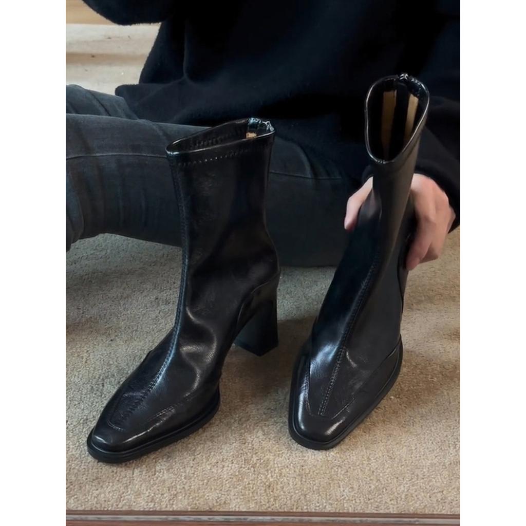 High Heel Short Boots Women'S French Retro Square Head Elastic Skinny Boots Back Zipper Thick Heel Martin Boots