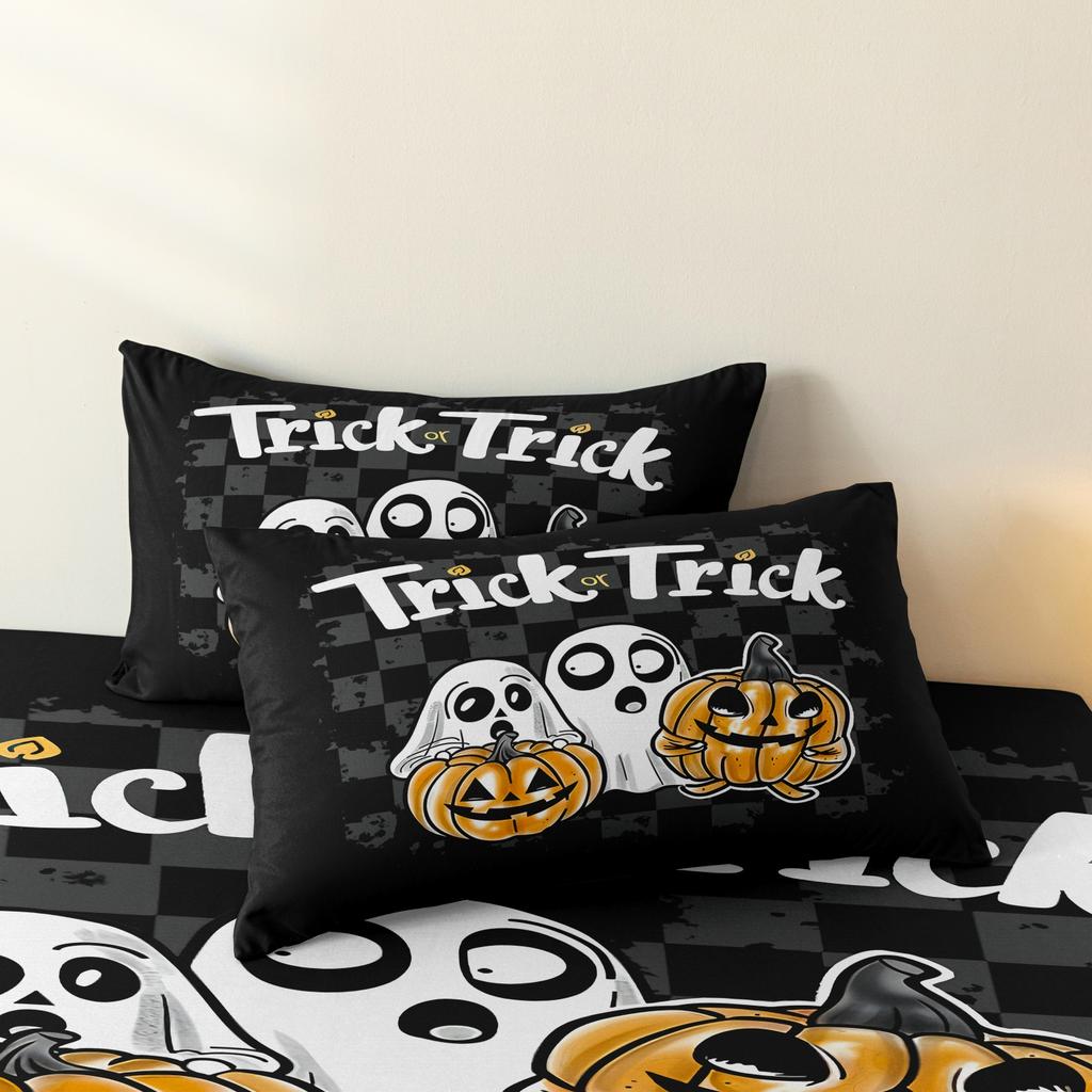 3Pcs Checkerboard Trick Or Treat Halloween Duvet Cover Set, Black Grey Distressed Plaid Ghost Pumpkin Cartoon Printed Bedding