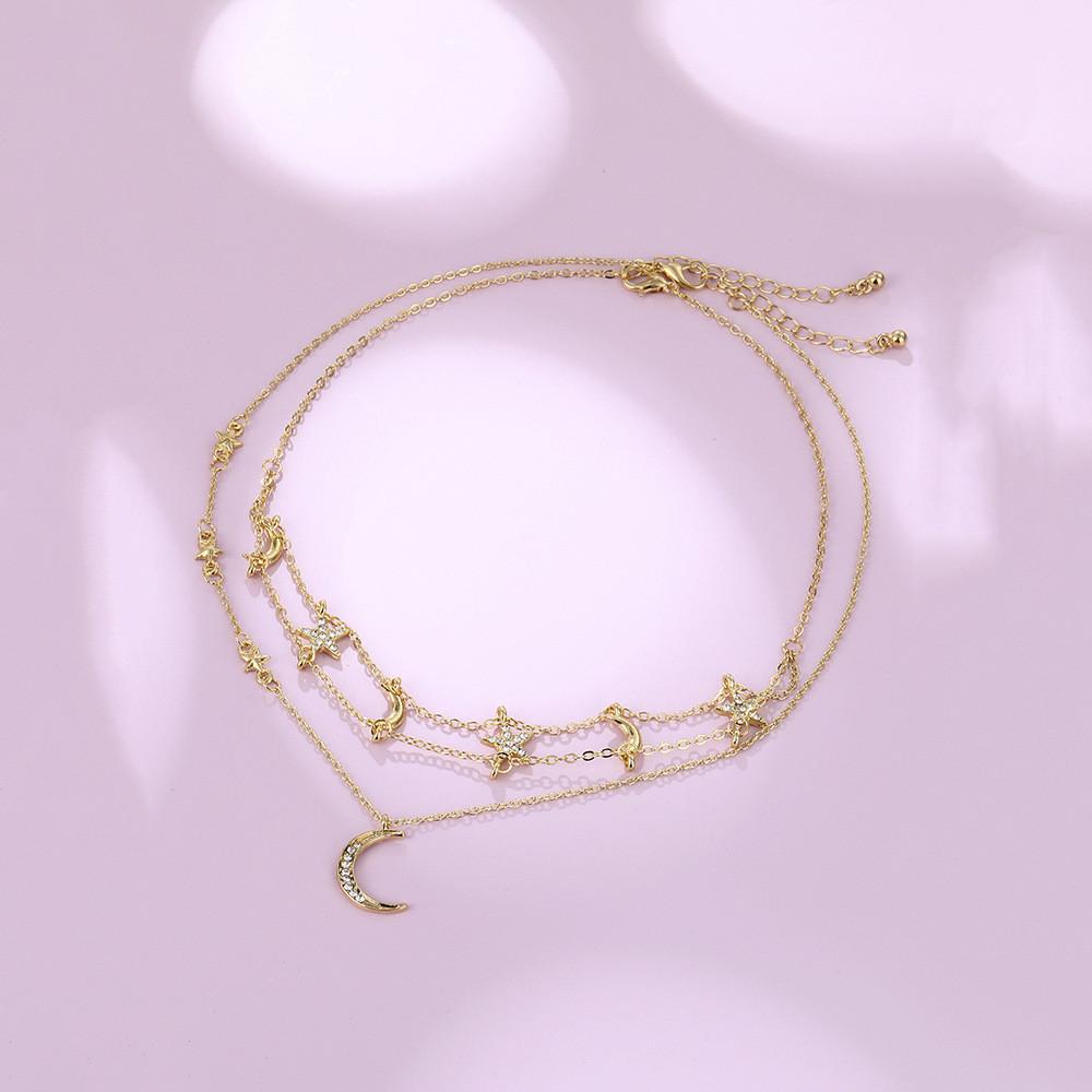 Elegant Geometric Design Alloy Layered Necklace Featuring Shimmering Stars And Moons For Women