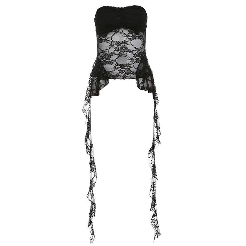 

# Sisjuly# French Girl Cute Lace Mesh Slim Fit Tube Top Female Asymmetrical Wild Vest Fashion Black L