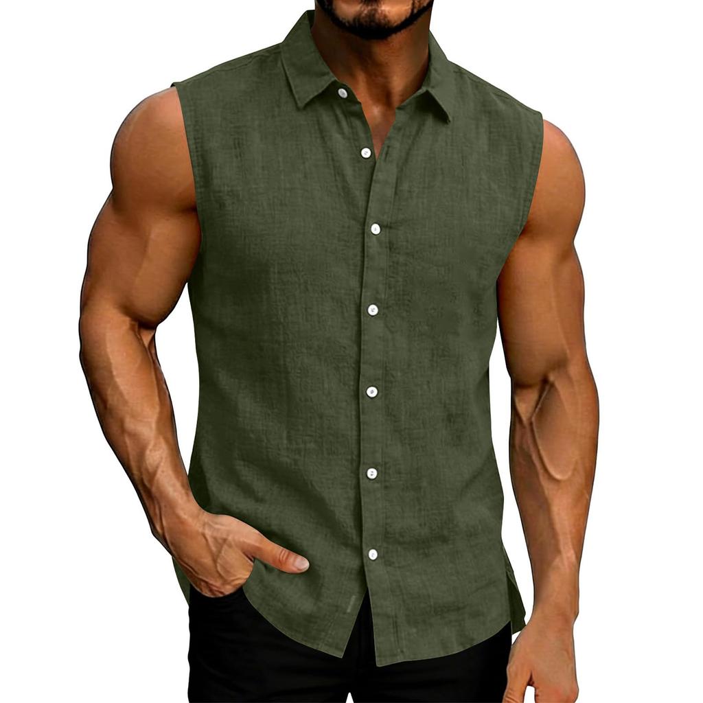 Mens Sleeveless Button Down Linen Shirt Casual Loose Fit Summer Muscle Shirt with Collar and Front Placket