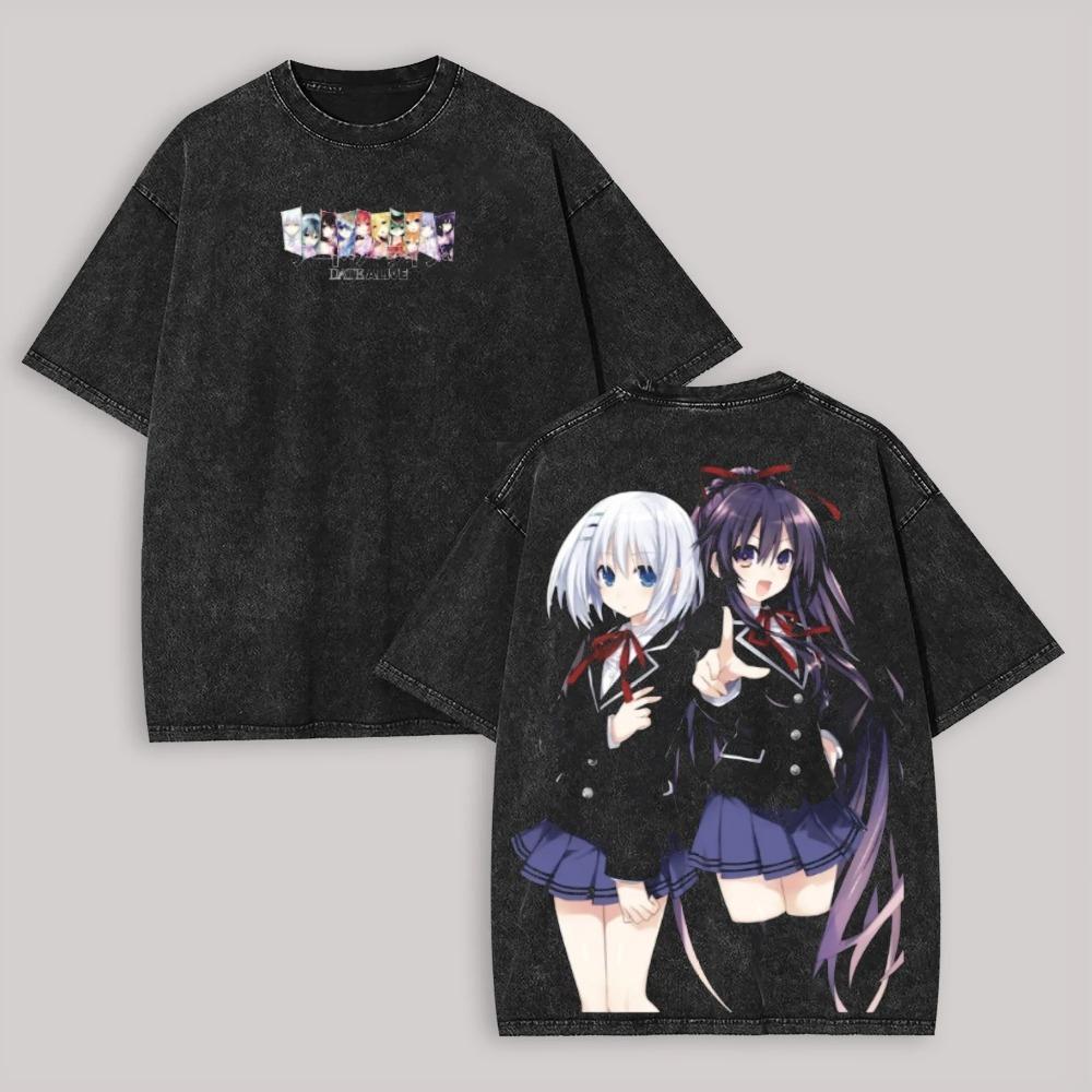 Date A Live Japanese Light Novel & Anime Series Tobiichi Origami & Yatogami Tohka School Uniform Double-Sided Full Cast Collage Vintage Acid Washed