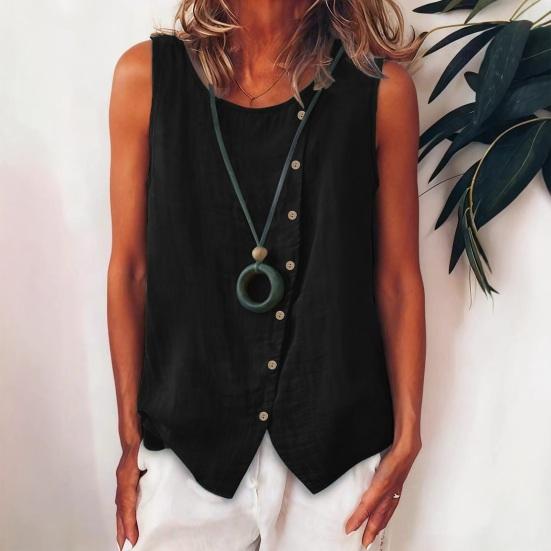 Women Tops Crew Neck Sleeveless Side Buttons Decor Asymmetric Design Pullover
