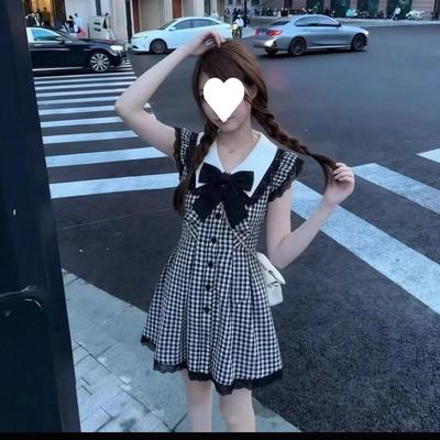 Black and White Plaid Flying Sleeves College Style Dress Women's Summer Lace Splicing Loose and Thin A-shaped Skirt Short Skirt
