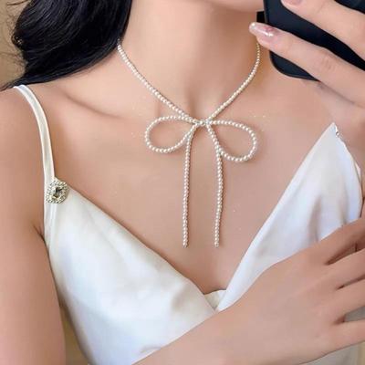 Sweet White Imitation Pearl Long Tassel Bow Necklace for Women Elegant Ribbon Bow Pearl Beaded Choker Necklace Jewelry Gifts