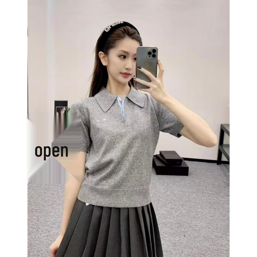 2024 Autumn Simple College Embroidered Short-Sleeve Polo Collar Knit Top