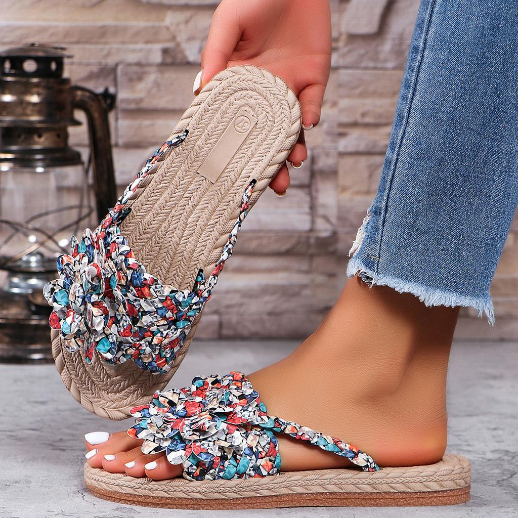 Women Slippers New Fashion Sandals Casual Flat Vacation Braided Shoes Floral Pattern Toe Post Beach Slippers Slides Women