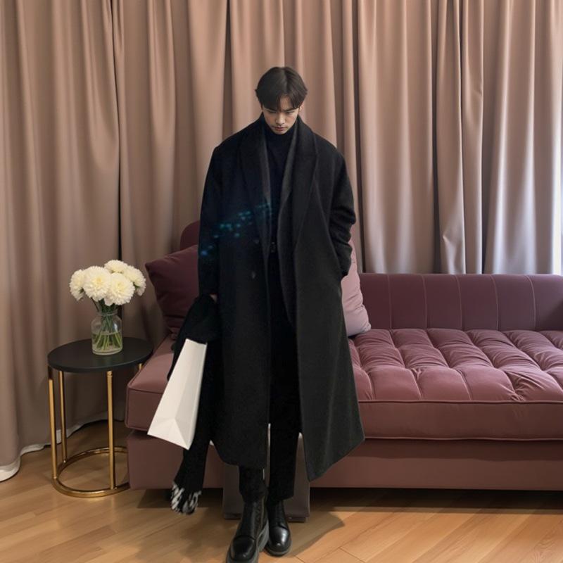 Men's Korean Style Long Wool Overcoat - Winter Casual Thickened Trench Coat Trend