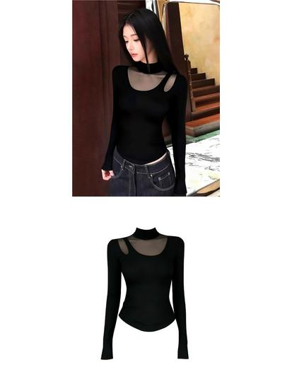 2026 Spring & Autumn Half-High Collar Mesh Long Sleeve Base Layer T-shirt for Women