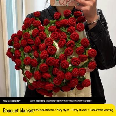 Hand-knitted Rose Bouquet Flower Blanket for Office Naps