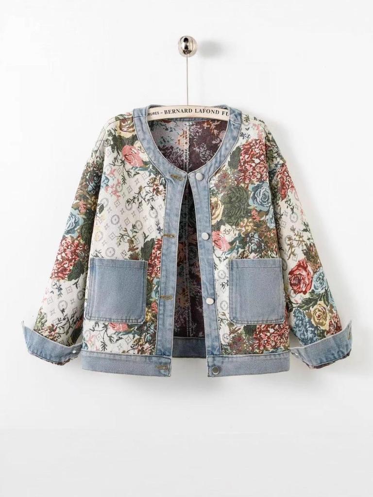 2025 Spring Petite Women's Versatile Patchwork Long Sleeve Denim Jacket
