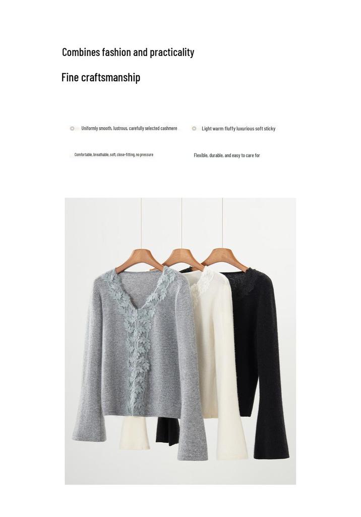 Women's V-Neck Bell Sleeve Cashmere Cardigan - Handmade Crochet Lace, Single-Breasted, Warm Autumn/Winter Layer