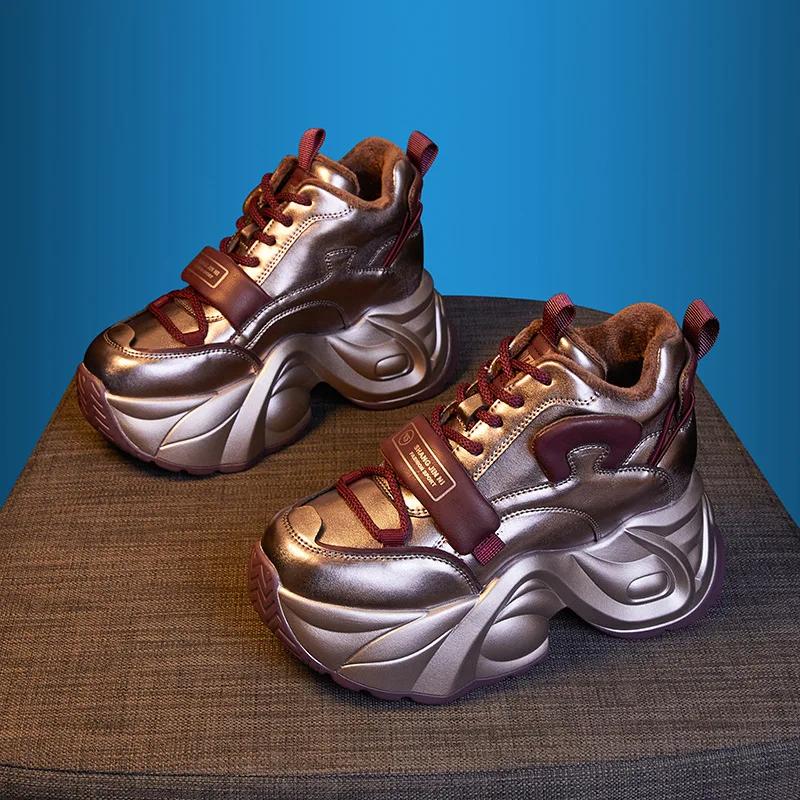 Fashion 9CM Microfiber Leather Autumn Casual Spring Platform Wedge Flats Fashion Chunky Sneakers Women Vulcanize Winter Shoes