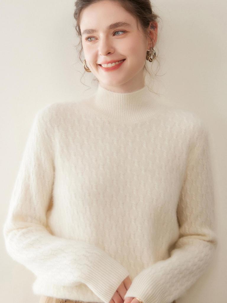 Women's Cable Knit Cashmere Sweater – Loose, Simple, Thickened, Half-High Neck for Autumn/Winter