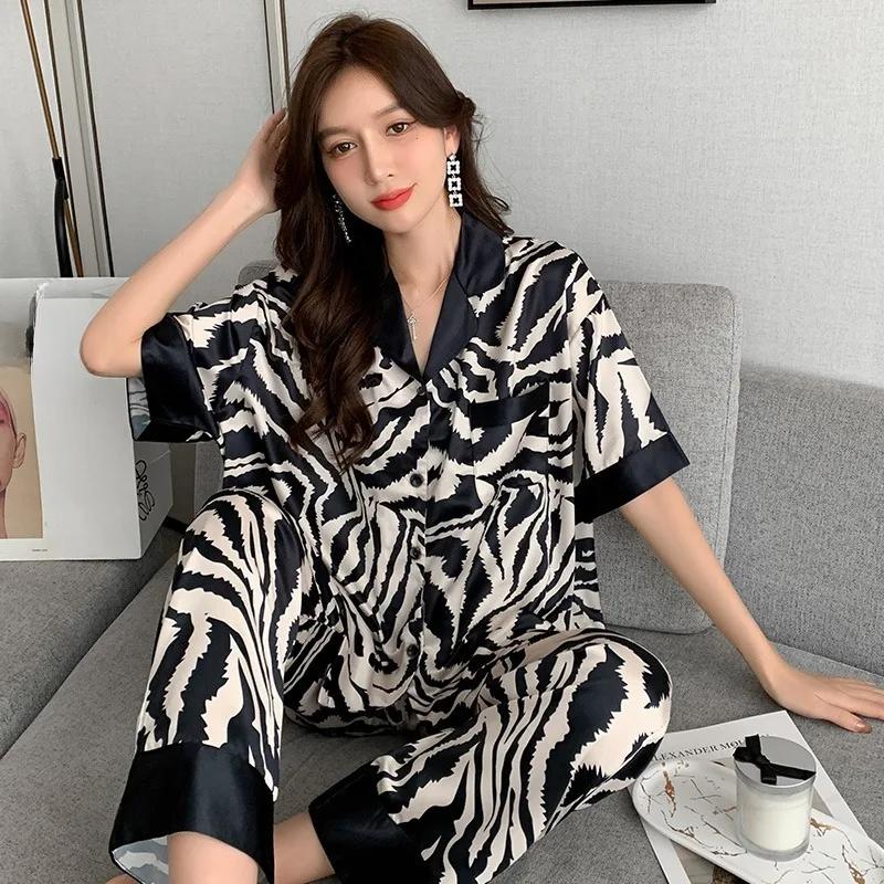 Nuovo Pigiama da Donna Due Pezzi Primavera e Autunno Estate Pigiama Donna Stampa Zebra Seta Manica Corta Pantaloni Pigiama Set Homewear