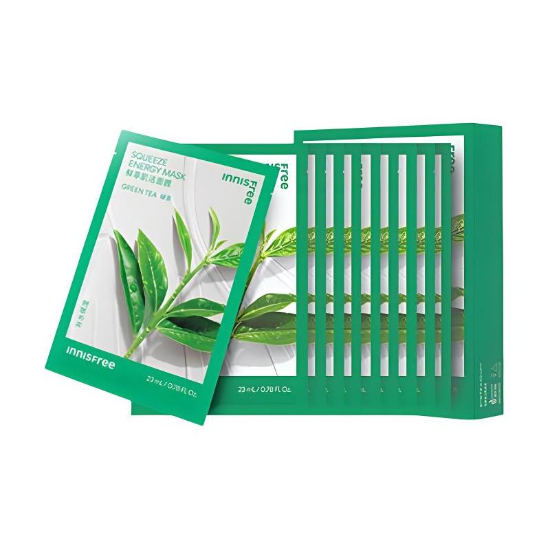 Innisfree Чай Укрепляющая, Увлажняющая, Себорегулирующая штучки штучки штучки *3/10 *4 Свежий Экстракт Маска для Мышц Зеленый Чай - 23мл 10 штук/коробка зелёный