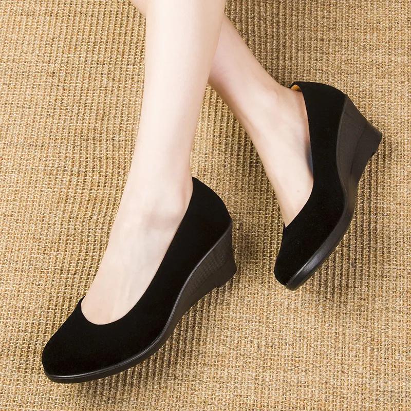 women cute light weight high quality black anti skid slip on wedge heel shoes lady leisure sweet comfort heel shoes ab207