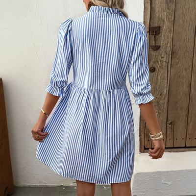 Summer Women's Vertical Stripe Shirt Dress with Wooden Ears