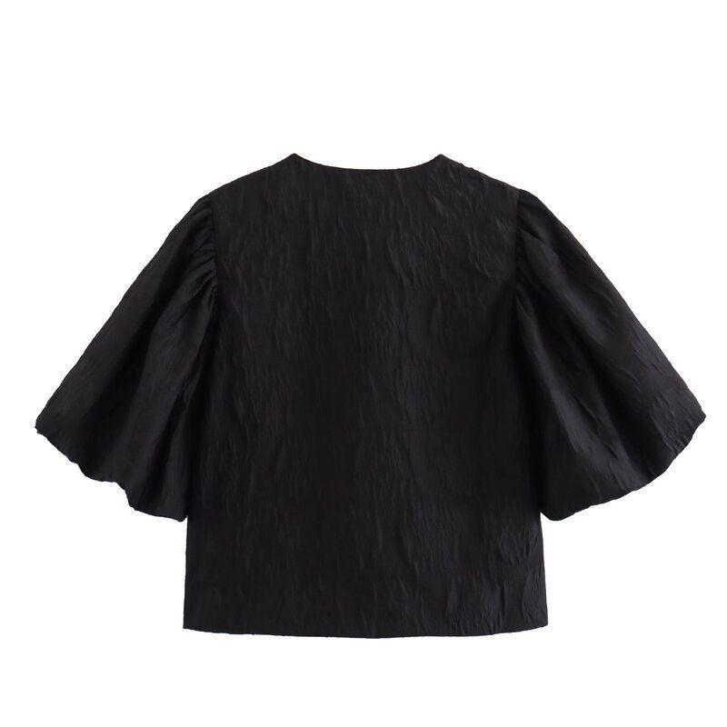 Fashion Style 2024 Summer New Arrival Women's Wrinkle Feeling Fashion Plaid Lantern Short Sleeve round Neck Top 1233484