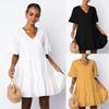 Elegant Women V-neck Plain Smock Dress With Loose Fit And Short Sleeve Design