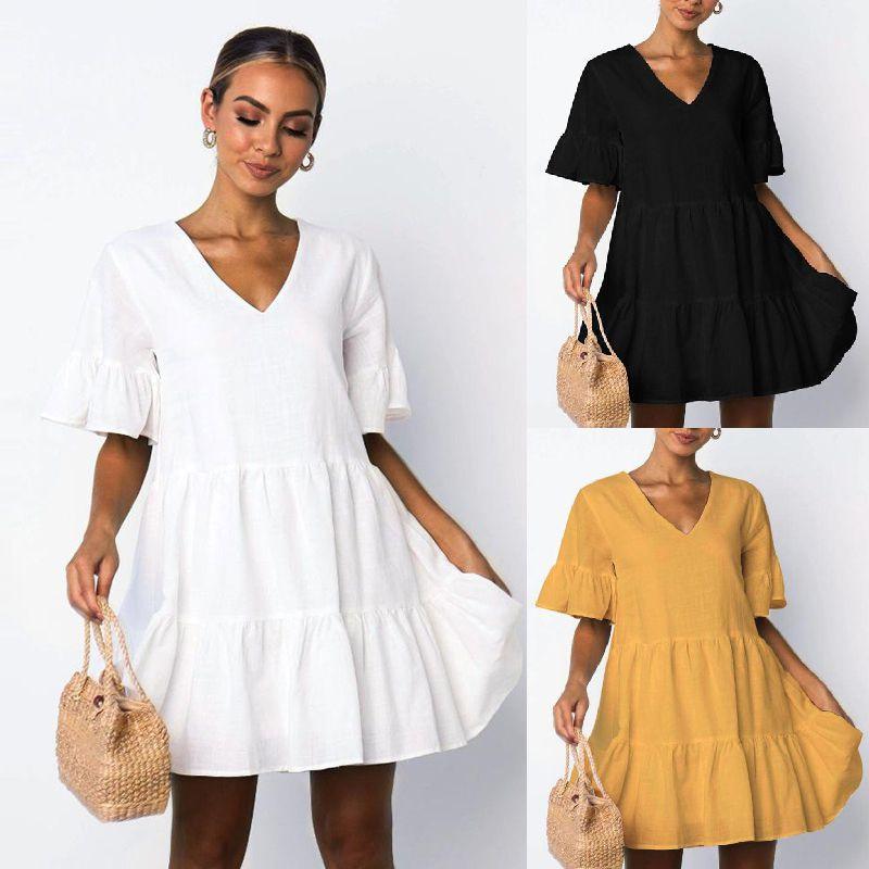 Elegant Women V-neck Plain Smock Dress With Loose Fit And Short Sleeve Design