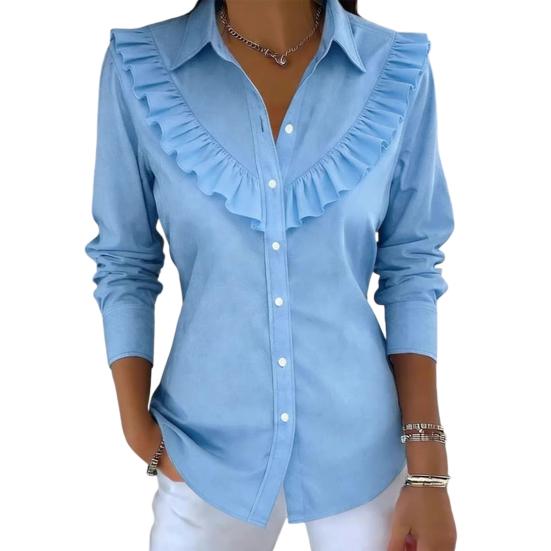 Women Shirt Lapel Long Sleeve Ruffle Decor Shirt Tops Pure Color Loose Fit Buttons Placket Casual Shirt Work Party Vacation Wear
