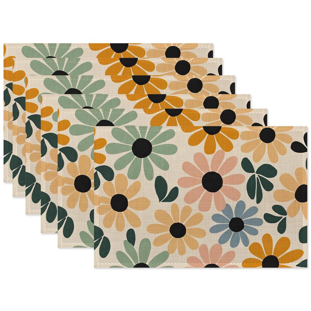 Retro Daisy Flower Placemats Set of 6,Dinner Table Mats Non-Slip Washable Mats for Kitchen Dinner Party Tablemat 12x18Inch