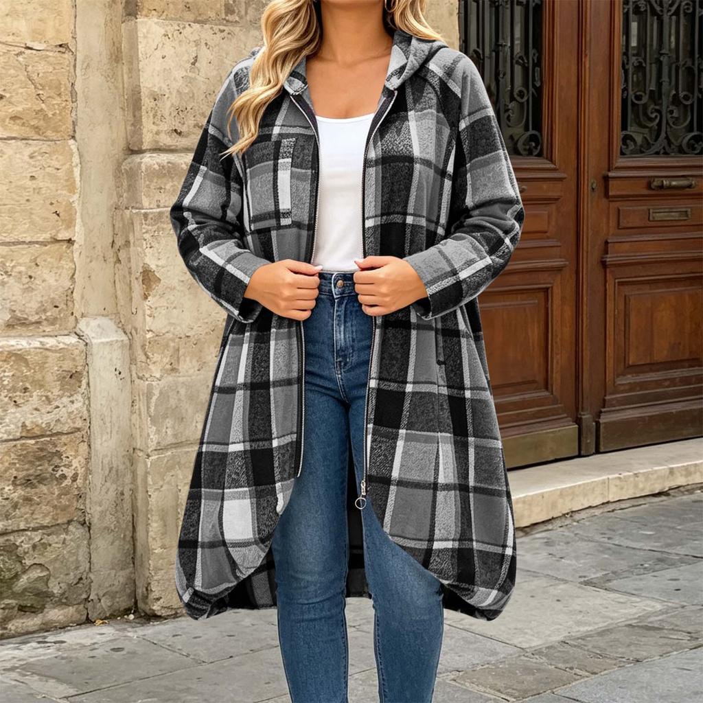 Women's Long Sleeve Zip-Up Hooded Plaid Colorblock Long Coat, Loose Fit