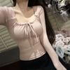 Thin Long Sleeve T-shirt Solid Color Lace Up T-shirt Fashion Design Sweet Slim Tops  Spring Autumn
