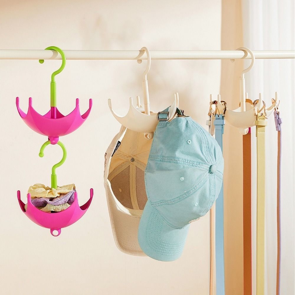 2Pcs Plastic Dopamine Umbrella Shape Hooks Punch Free Rotatable Scarf Storage Rack Space Saving 5 Claw Belt Organizer for Home