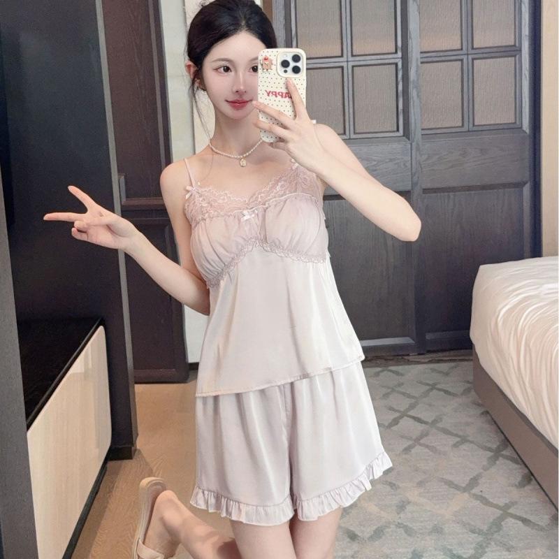 Ice Silk Pajamas Women's 1011 Summer Girl Pure Desire Wind Suspender Shorts Thin Sweet High-end Loungewear Set