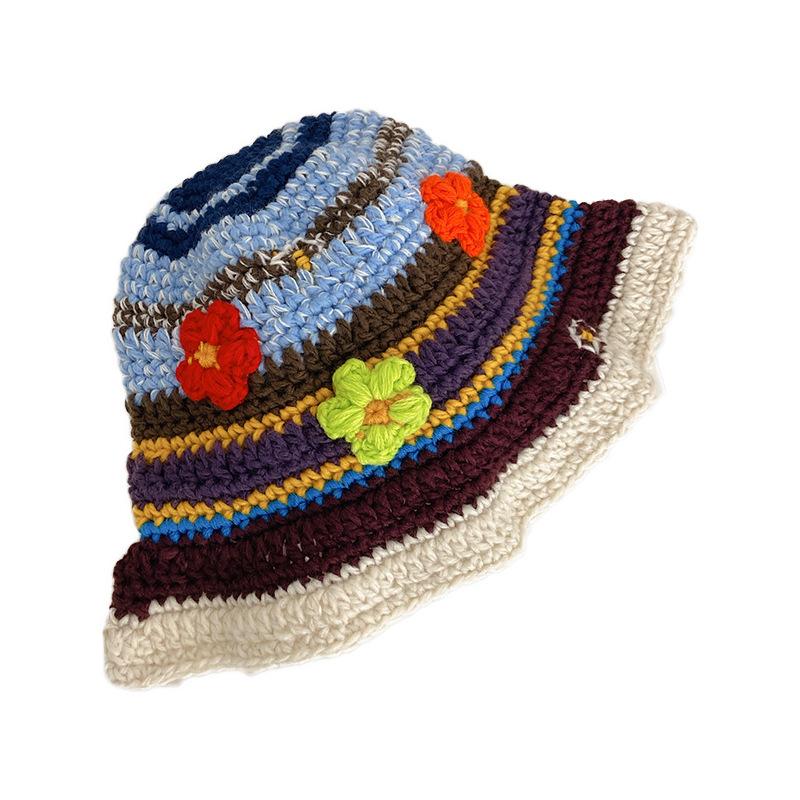 

Versatile Style Hat Fashion Striped Flower Women Warm Sunshade Knitted Hatscaps