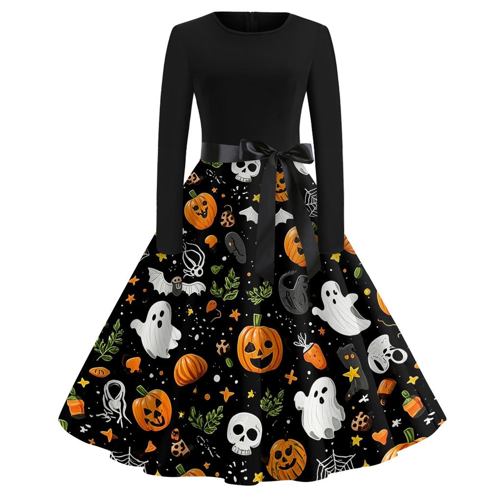 Women's Casual Halloween Print Dress Long Sleeve Round Neck Retro Vintage Style Midi Dress with Waist Tie for Everyday Wear