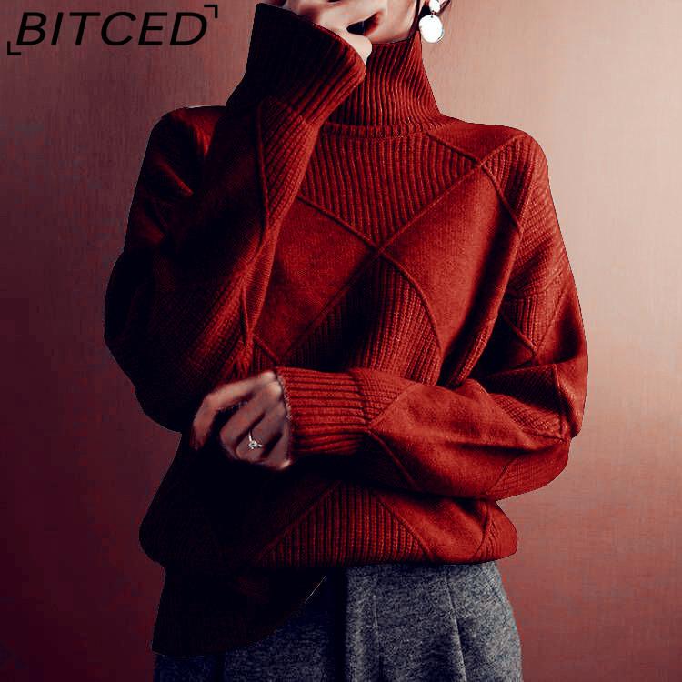BITCED Oversized Crewneck Knit Sweater for Workwear Solid Color High Neck Diamond Pattern Fashion Sweater for Women