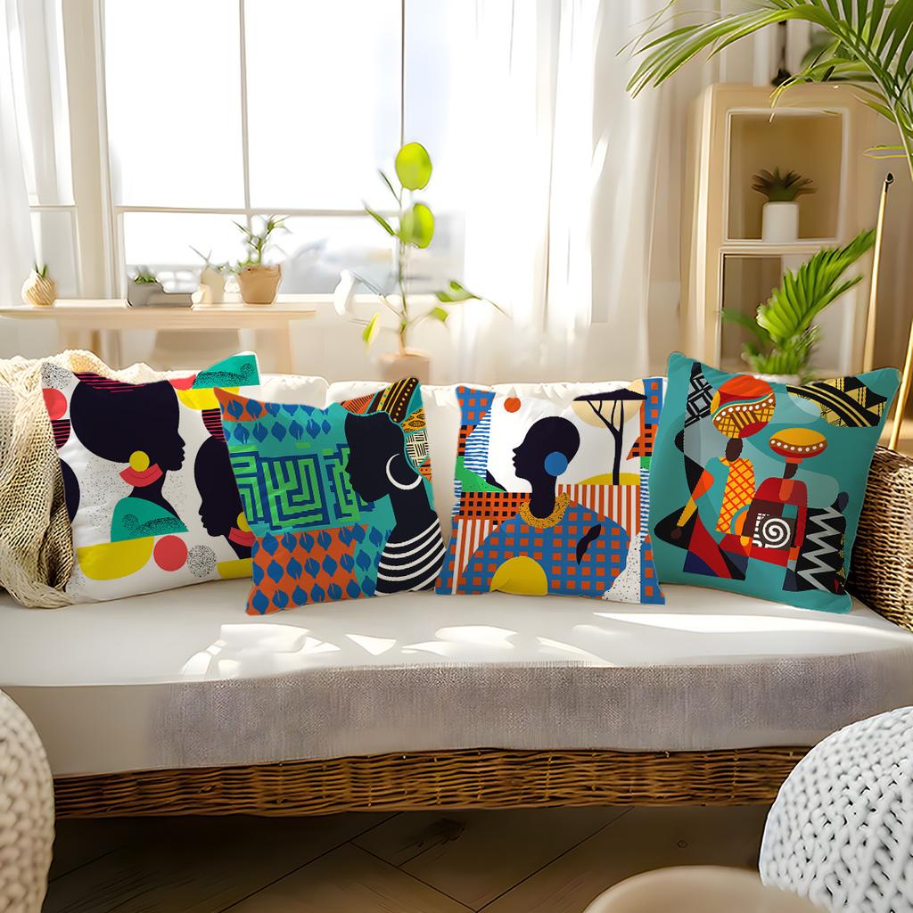 African Tribal Figure Throw Pillow Covers, Geometric Ethnic Print Cushion Cases, Bold Afrocentric Home Decor Bedroom Living Room
