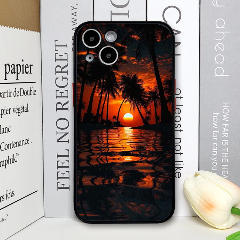 Creative Sunset Beach Wave Coconut Palm Landscape Phone Case for iPhone 17 16 Pro Max 15 14 13 12 11 Mini X 7 8 Plus Hard Cover
