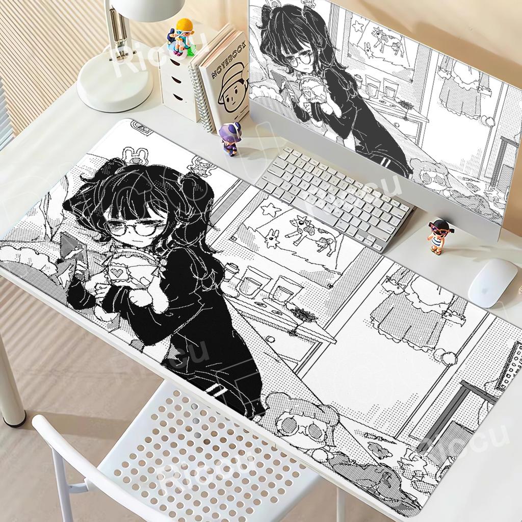 XXL Pixel Anime Girl Mouse Pad Black White Mousepad Large Gaming Keyboard Pad Office Pc Accessories Desk Mat PC Cabinet Mats Rug