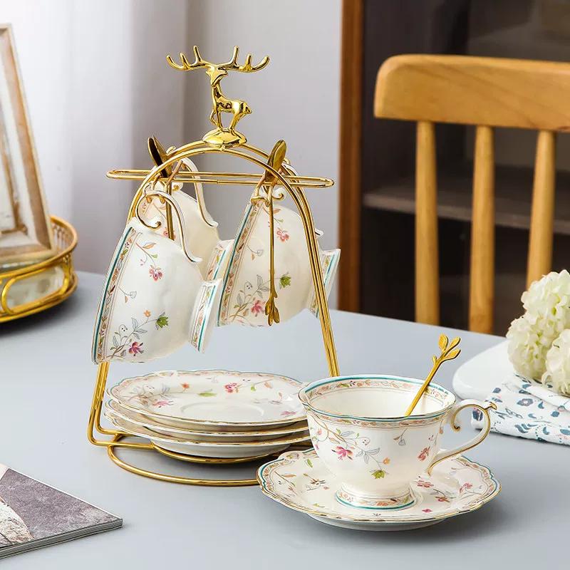 Vintage Floral Bone China Coffee Tea Set, Retro Rose Ceramic Teapot Cup Saucer, Elegant British Style Tableware for Afternoon Tea