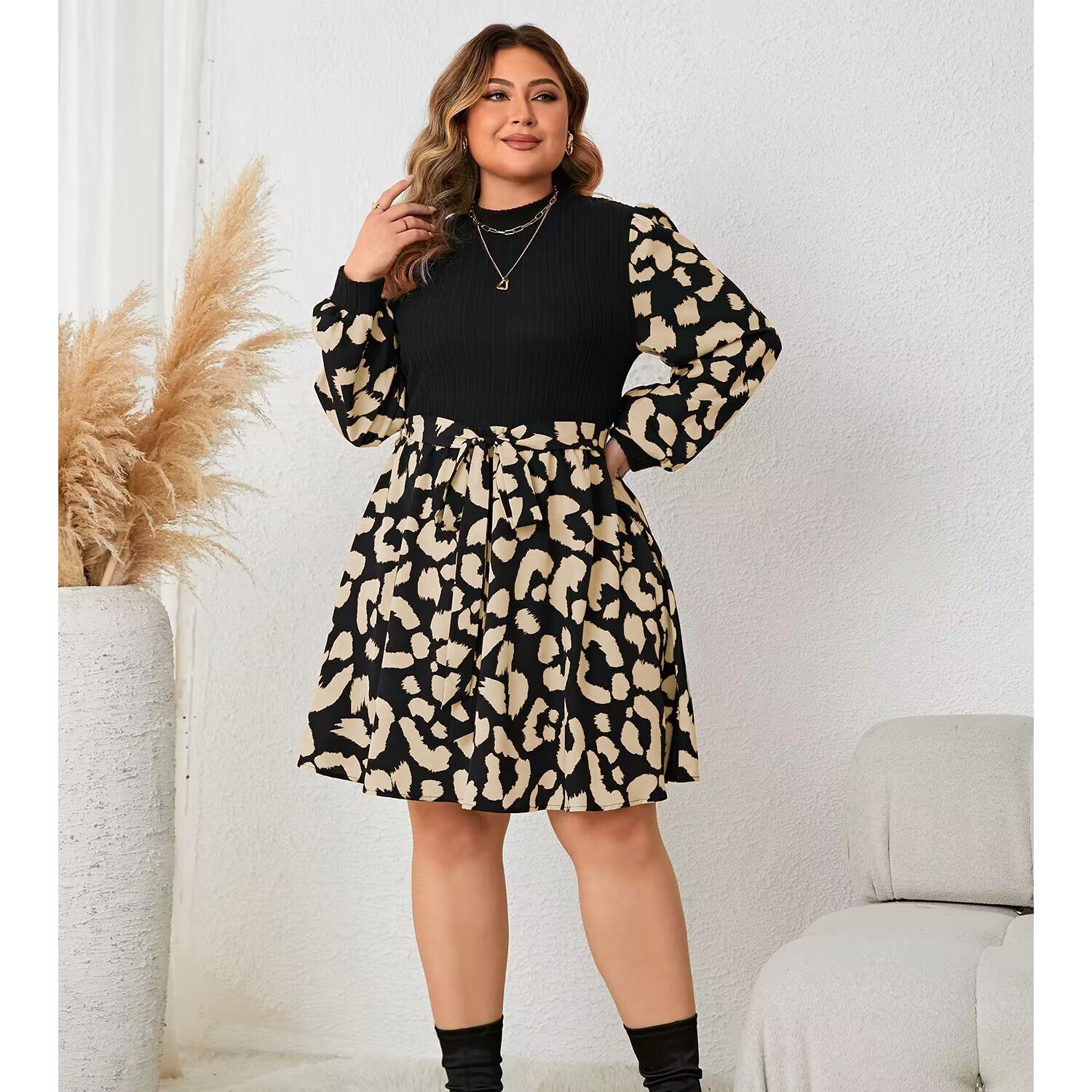 

Платье в стиле пэчворк в горошек с завязкой на талии для женщин, короткое платье с круглым вырезом и длинными рукавами и высокой талией, мини-платье для рабочей вечеринки и клуба, дышащее тонкое платье большого размера 2XL чёрный