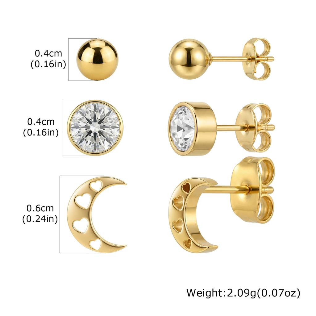 3 Paar Set Ohrstecker Edelstahl Herz Stern Schmetterling Mond Kirsch Klee Zirkonia Piercing Schmuck für Damen Anlaufgeschützt