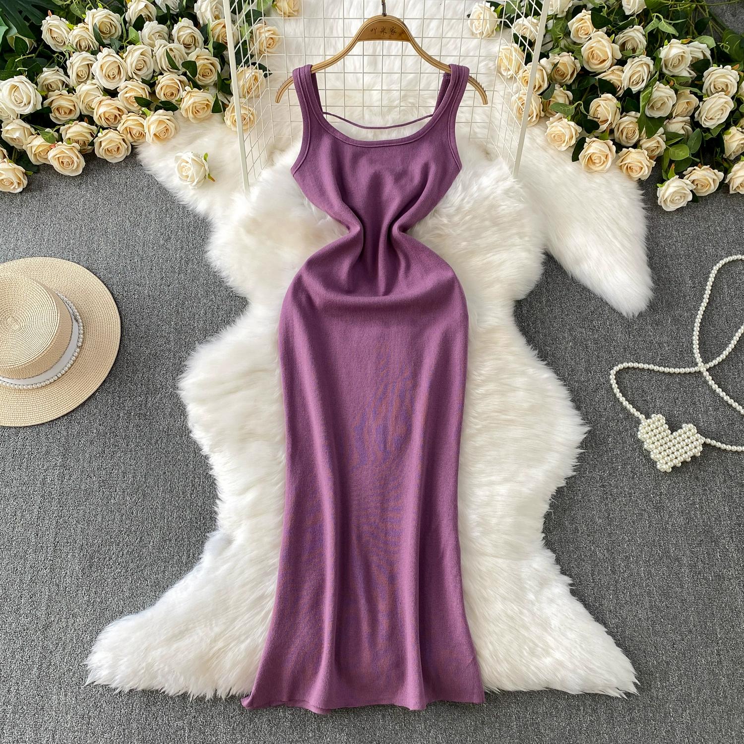 

Summer Women Casual Sleeveless Sexy Open Back Knitted Sweater Split Sheath Midi Dresses One Size фіолетовий