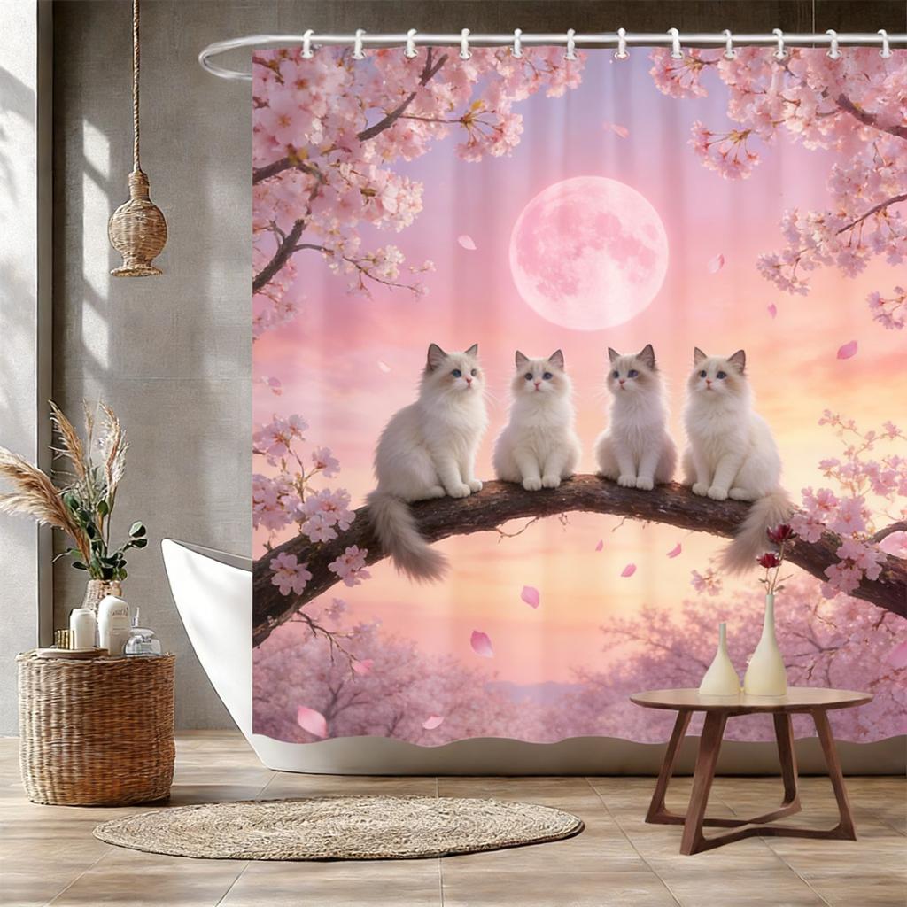 Four White Cats on Magnolia Branch Waterproof Shower Curtain for Bathroom Decor